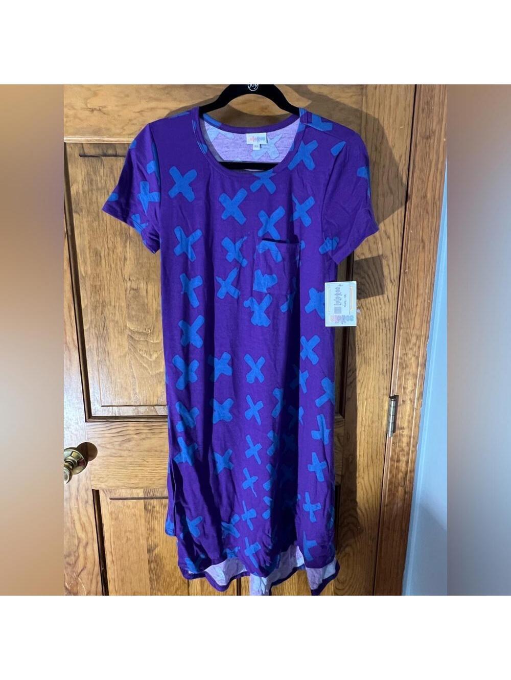 LuLaRoe Carly Dress Swing High Low Purple Blue X’S Pocket T Shirt Flowy XS NWT